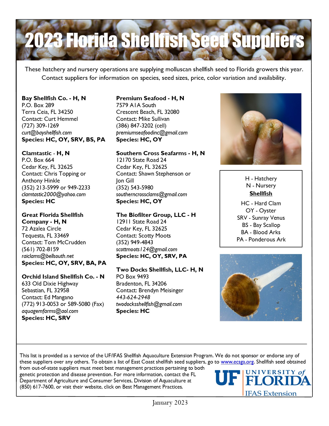 2021 Florida Shellfish Seed Suppliers
