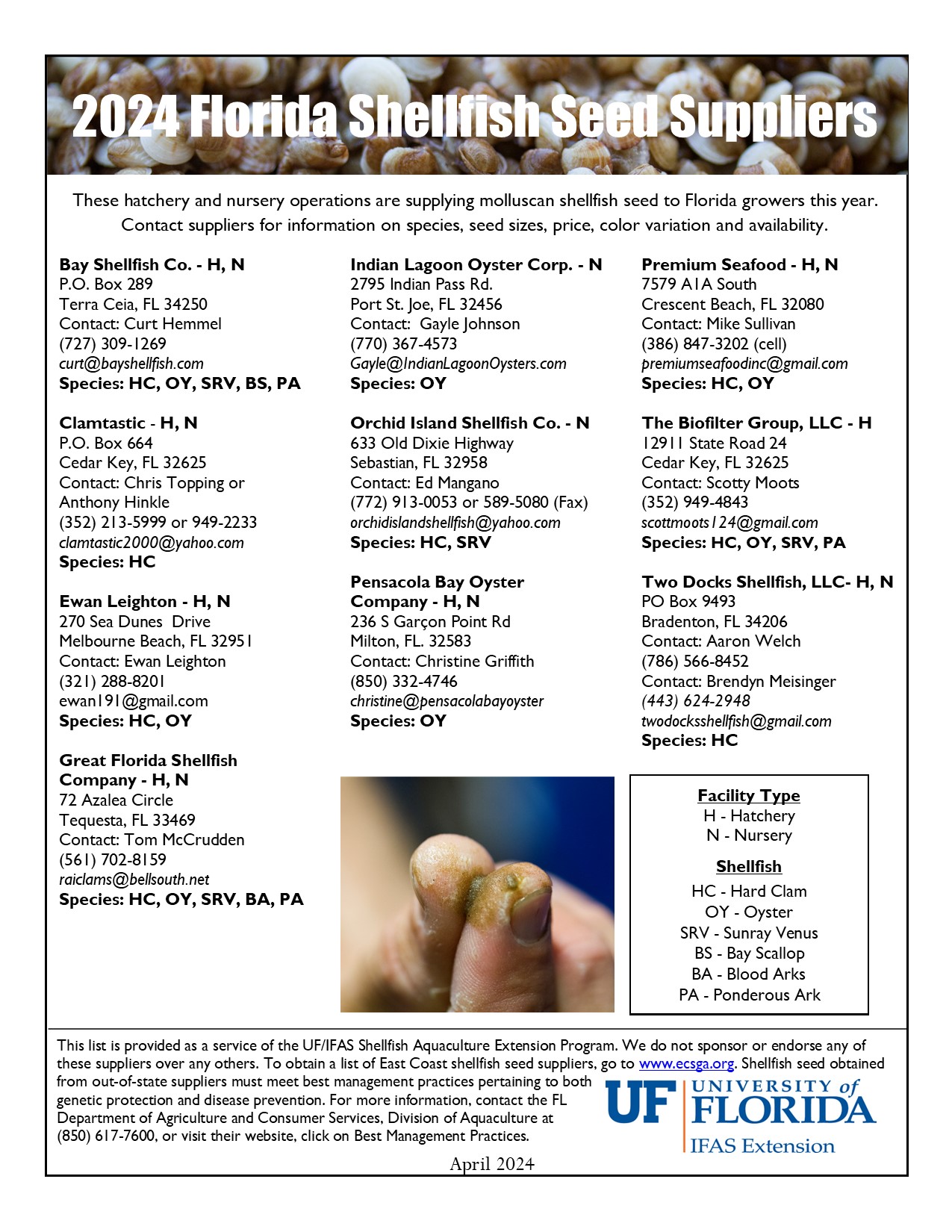 2021 Florida Shellfish Seed Suppliers